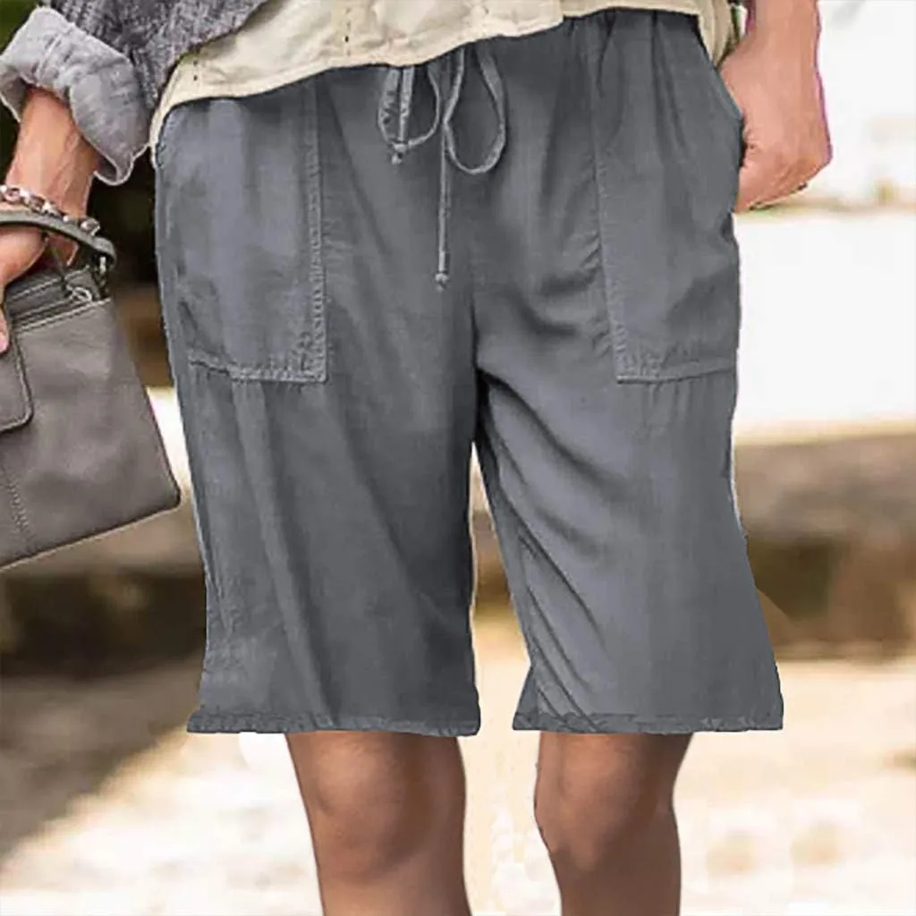 Womens Summer Casual Shorts Elastic Drawstring Waist Straight-Legs Shorts Cotton Linen 5 Inch Casual Shorts Sweat Shorts