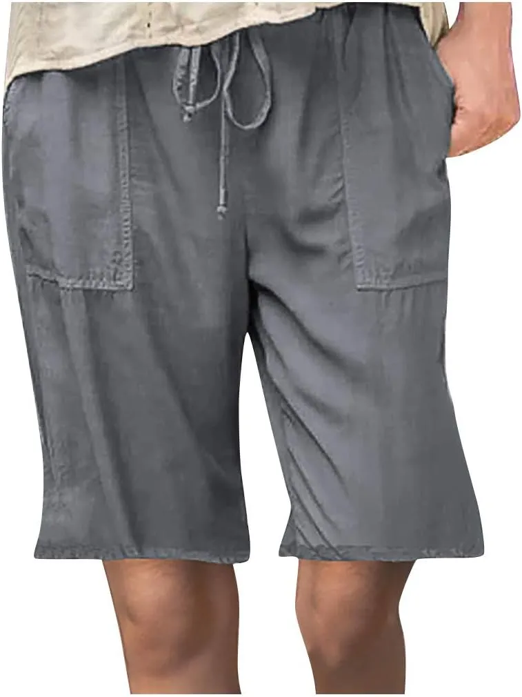 Womens Summer Casual Shorts Elastic Drawstring Waist Straight-Legs Shorts Cotton Linen 5 Inch Casual Shorts Sweat Shorts