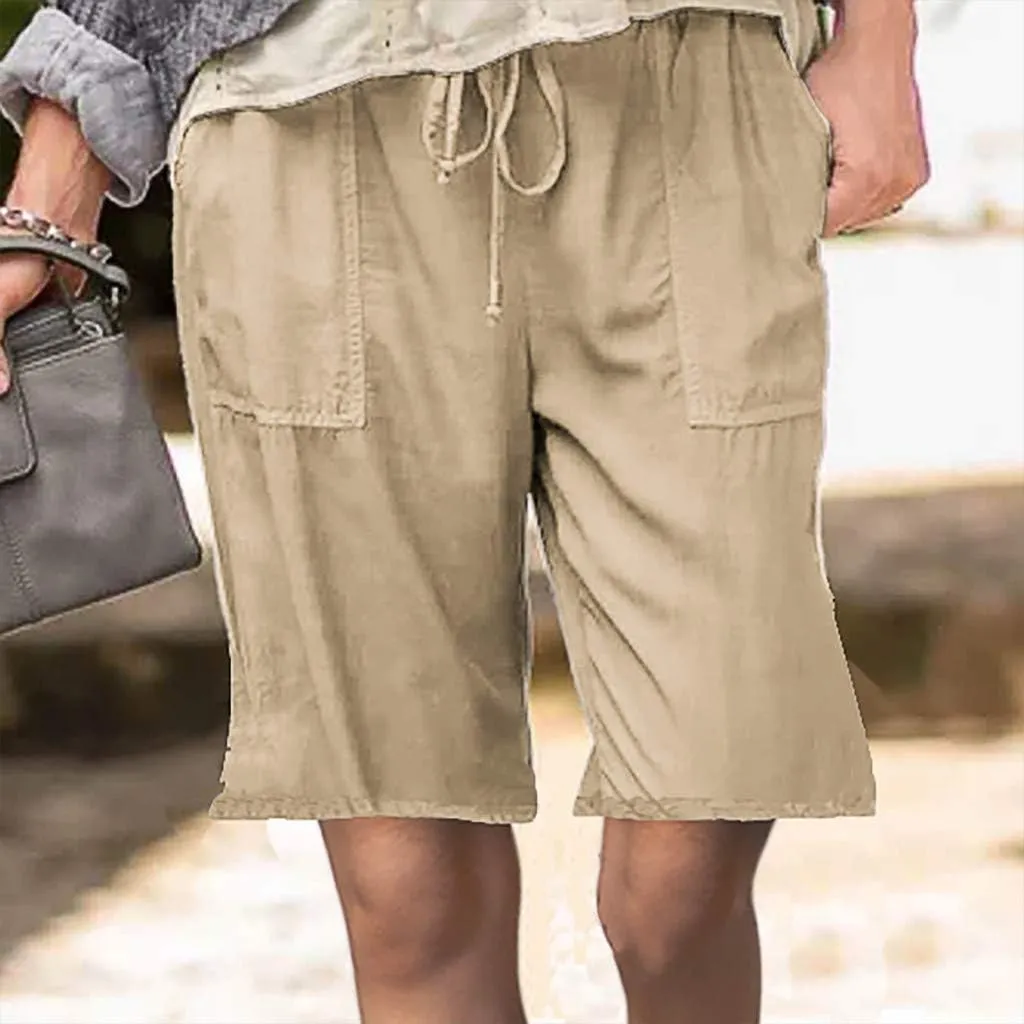 Womens Summer Casual Shorts Elastic Drawstring Waist Straight-Legs Shorts Cotton Linen 5 Inch Casual Shorts Sweat Shorts