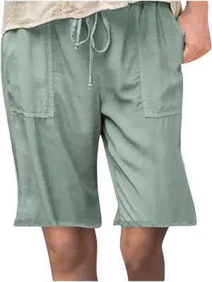 Womens Summer Casual Shorts Elastic Drawstring Waist Straight-Legs Shorts Cotton Linen 5 Inch Casual Shorts Sweat Shorts