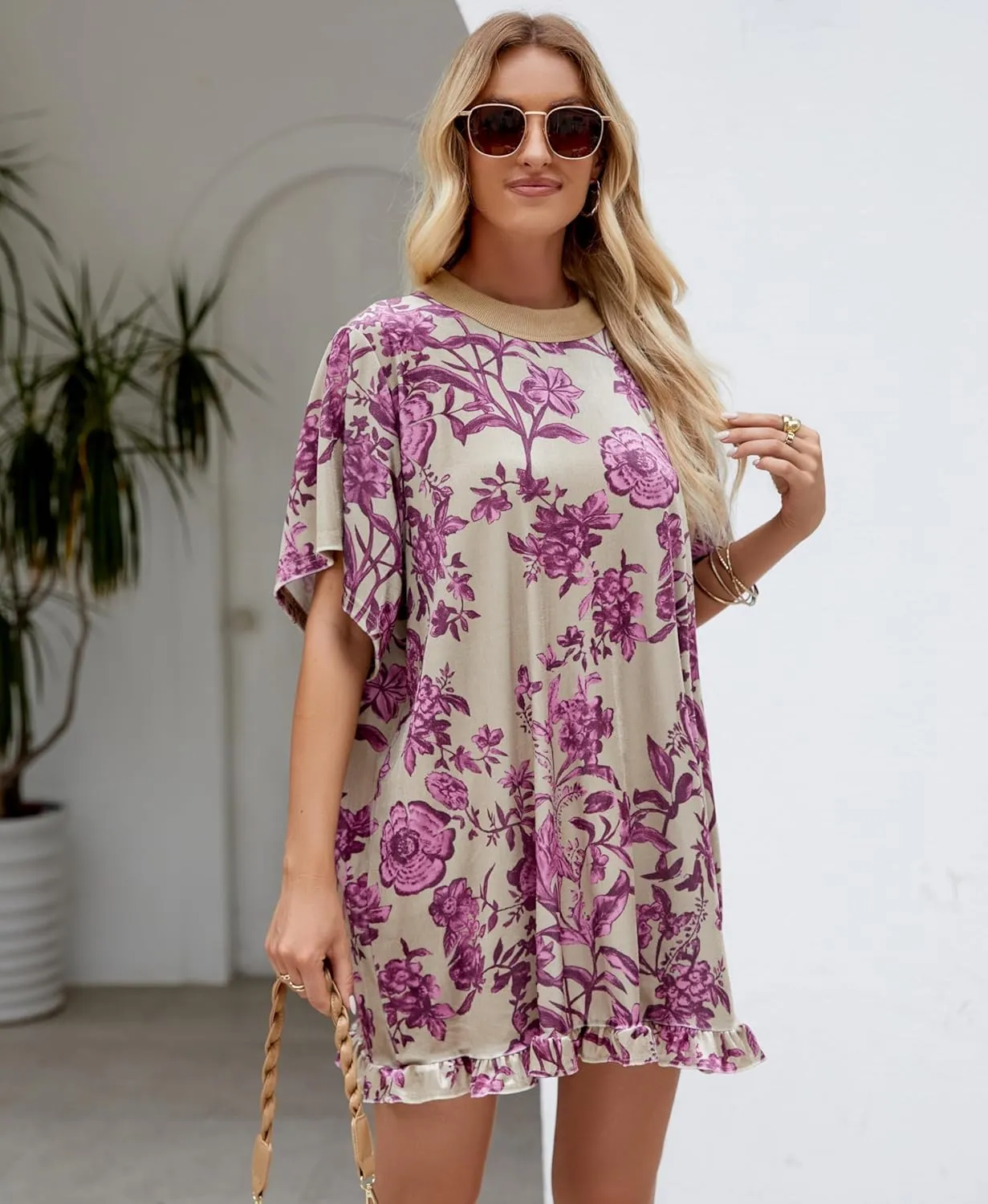 Women's Vintage Velvet Dress Round Neck Short Sleeve Floral Printed Mini Flowy Dress