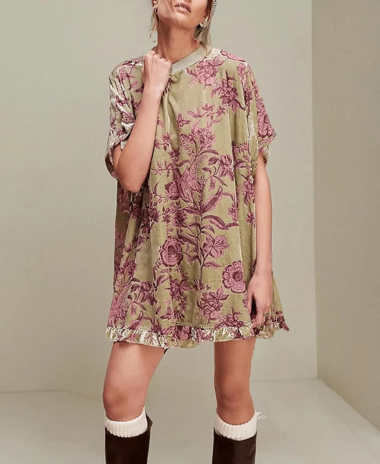 Women's Vintage Velvet Dress Round Neck Short Sleeve Floral Printed Mini Flowy Dress