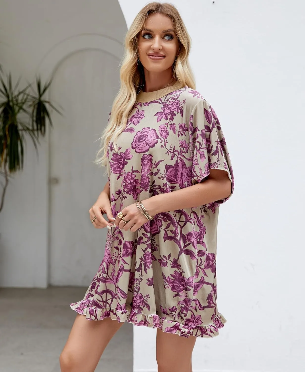 Women's Vintage Velvet Dress Round Neck Short Sleeve Floral Printed Mini Flowy Dress