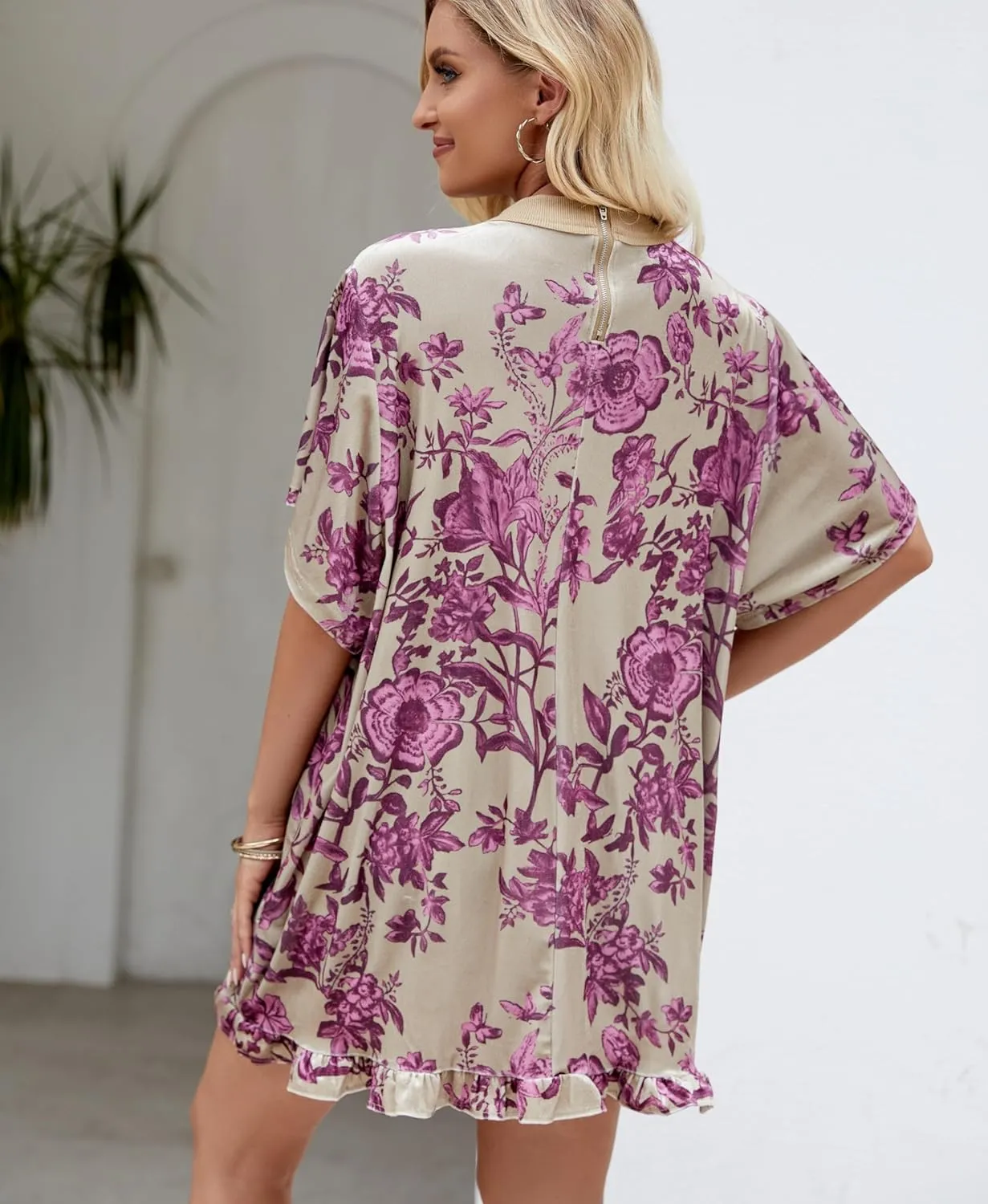 Women's Vintage Velvet Dress Round Neck Short Sleeve Floral Printed Mini Flowy Dress