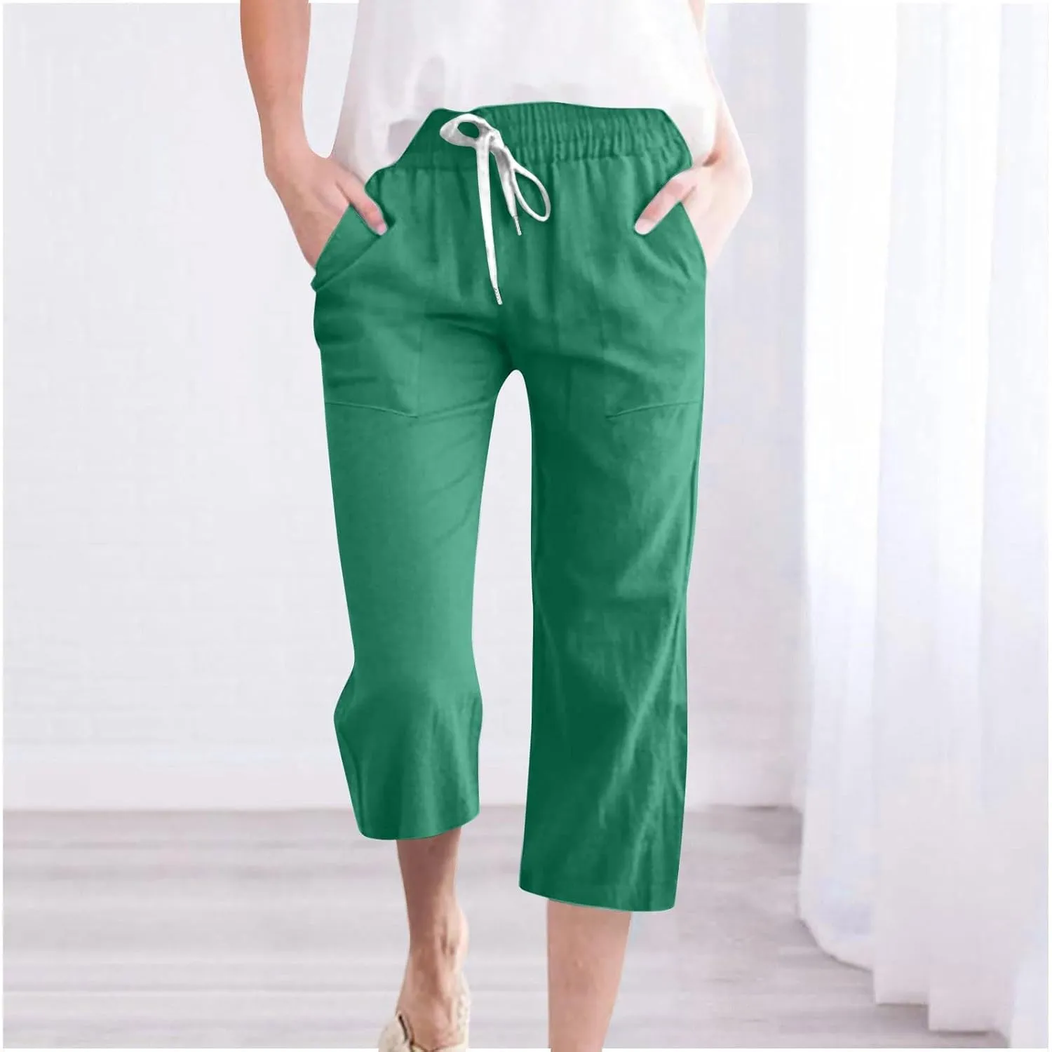 Womens Wide Leg Cotton Linen Pants Summer Casual High Waisted Palazzo Pant Work Tie Knot Trousers with Pocket