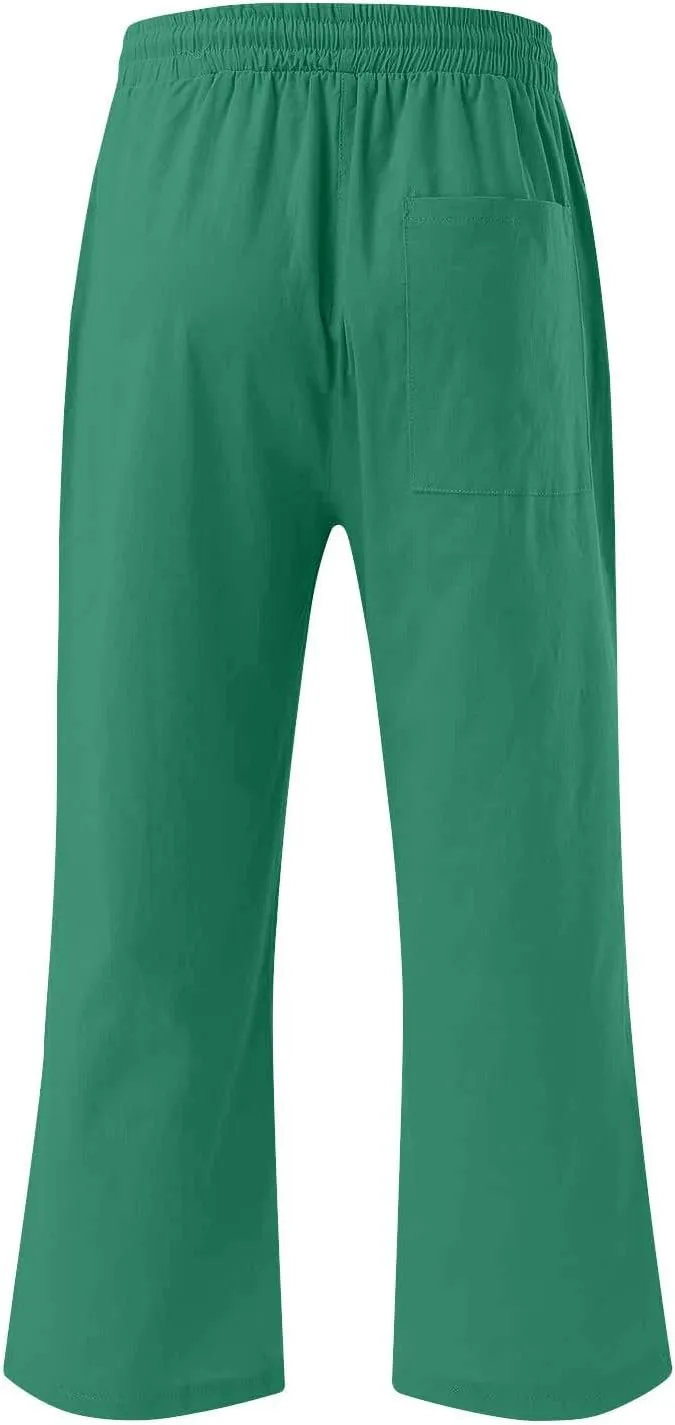 Womens Wide Leg Cotton Linen Pants Summer Casual High Waisted Palazzo Pant Work Tie Knot Trousers with Pocket
